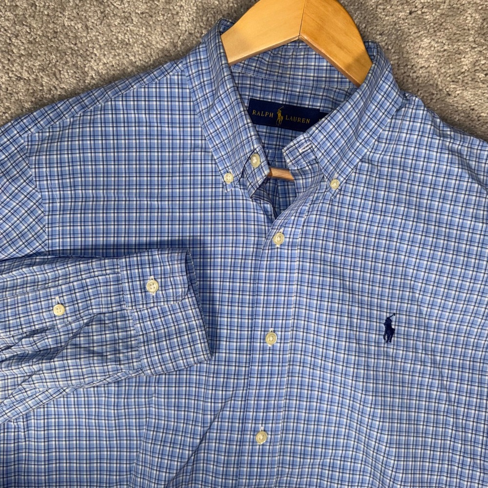 Polo Ralph Lauren Men's‎ Medium Blue Plaid Button Down Shirt Long Sleeve Cotton
